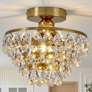 Golden Crystal Chandelier, φ25cm Modern Round Semi Flush Mount LED Ceiling Light, 3-Color E26 Bulb Compatible Hallway Ceiling Light Fixture for Living Room Dining Room Bedroom Kitchen Entryway