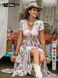 Women's Floral Print Button Front Shirred Dress, Boho Pocket V Neck Short Sleeve A Line Dress, Women's Dress for Summer Beach Holiday Vacation