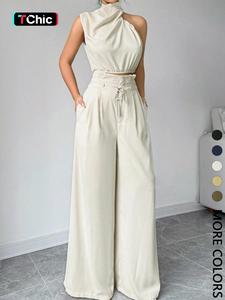 Women's Solid Color Crop Tank Top & Wide Leg Pants Two-piece Set, Minimalist Elegant Fashion Casual Top & Trousers for Daily Outdoor Wear, Women's Clothing for Summer, Lady Womenswear, Clothe