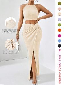 Women's Solid Color Crop Top & Split Hem Skirt Two-piece Set, Casual Fashion Cozy Two Piece Outfits for Daily Outdoor Wear, Women Clothes for Summer, Womenswear