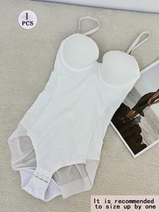 Women's Solid Color Contrast Mesh Sheer Cami Shapewear Bodysuit, Adjustable Strap Tummy Control Shaper,  Waist Trainer, Women's Shapewear for All Seasons