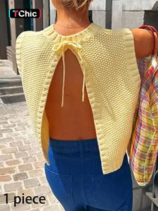 Women's Solid Split Tie Back Sweater Vest, Casual Round Neck Sleeveless Knit Top for Spring & Fall,  Crochet Tops, Fashion Women's Knitwear for Daily Wear
