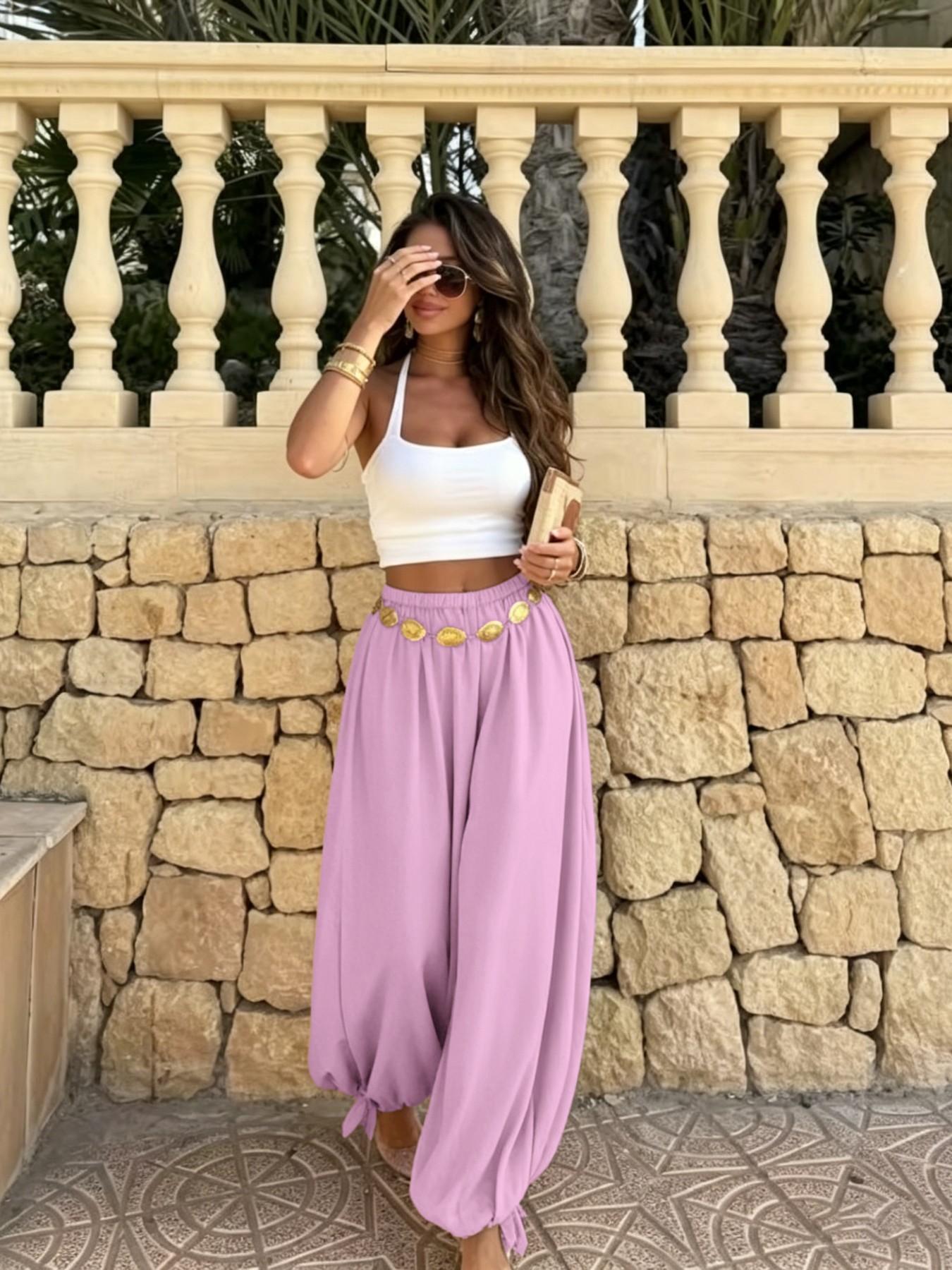 Summer Women's Casual Fashion Solid Color Long Pants, Loose Fit Elastic Waist Lantern Pants, Ideal for Daily Wear, Everyday Bottoms, Womenswear