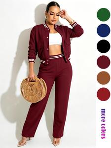 Women's Solid Color 2-Piece Athletic Set, Sweatsuit Set, Baseball Jacket & Pocket Pants, for Outdoor Camping Sportswear