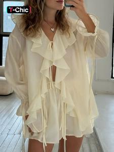 Women's Solid Ruffle Trim Blouse & Shorts Two-Piece Set, Casual Long Sleeve Top & Shorts for Daily Wear, Ladies Two-piece Outfits for Summer