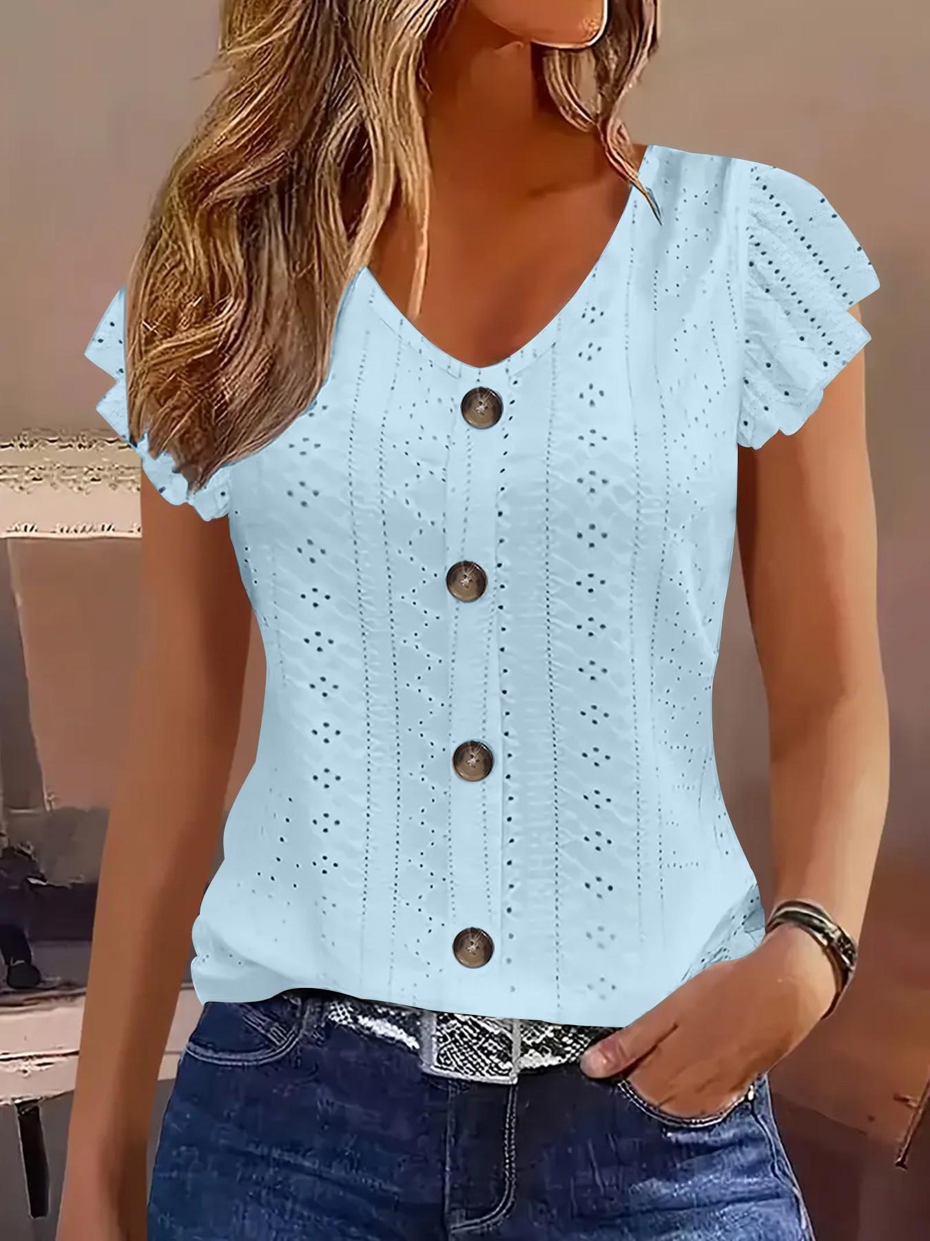 Women's Casual Plain Ruffle V-Neck Short Sleeve Top, Summer Loose Fit Blouse, Comfortable and Stylish, Perfect for Daily Wear