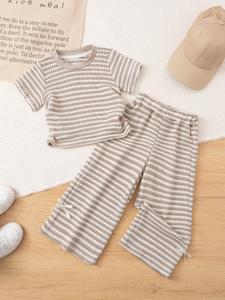 Girls' Fashion Knitted Elastic 2-Piece Set, Summer Striped Round Neck Short Sleeve Top & Bow Tie Long Pants, 3-8 Years, Holiday Travel Party Gift, Baby Girl Clothes