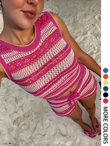 Women's Random Striped Pattern Knit Tank Top & Shorts Two-piece Set, Casual Sleeveless Top & Shorts for Beach Vacation Holiday, Ladies Sweater Sets for Summer, Womenswear