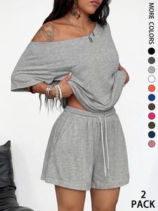 2pcs/Set Women's Minimalist Basic Daily Wear Going Out Sport Comfortable Off Shoulder T-Shirt And Shorts Two Pieces Outfits,Casual Comfortable Summer, Trendy Ladies Fashion Ensemble