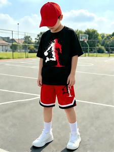 2pcs Set Tween Boy Colorblock Basketball Graphic Print Short Sleeve T-Shirt And Shorts, Sportswear Set, Sporty Streetwear Outfit For Boys, Suitable For Casual And Sports Occasions In Summer