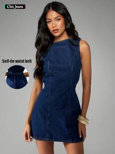 Women's American Retro Sleeveless Denim Dress, Short A-Line Style, Flattering Fit, Perfect for Daily Commute, Dates, Parties, Vacations