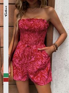Women's Floral Print Frill Trim Shirred Tube Romper, Boho Knot Detail Pocket Sleeveless Romper For Summer, Fashion Women's Clothes For Beach Holiday Vacation