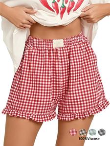 Women's Plaid Shorts Fashion Casual Elastic Waist Pocket Sleepwear Womenswear Full Cotton Breathable Versatile Loose Shorts Y2K Girls Leisure Shorts
