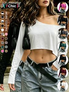 Women's Solid Off Shoulder Tee, Casual Long Sleeve T-shirt for Daily Holiday Outdoor Wear, Ladies Clothes for All Seasons