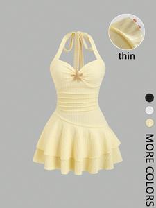 Women's Textured Halter Tie Front Ruched Bust Metal Decor Layered Ruffle Hem Mini A-line Dress For Beach Vacation Elegant Spring Summer Womenswear （thin）