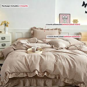 3pcs Classic Blue Plaid Bedding Set, Soft Lace Sheet and Pillowcases, Zipper Design, Easy Wash, Comfortable Fabric, All Seasons