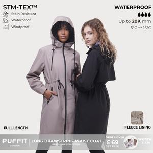 PUFFIT STM-TEX ST200 Long Length Ultra Waterproof Raincoat With Warm Brushed Lining And Drawstring Waist,High-Density Water-Resistant Material & Plush Lining Machine Washable,Spring Jacket,Windbreaker,Dog Walking,School Running,Football Mum