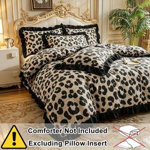 Leopard Print Bedding Set with Ruffle, 2/3 Piece Set, Smooth Zipper, Breathable Comfort, Comfy Bed Sets, Romantic Bedroom Decor, Gift Idea