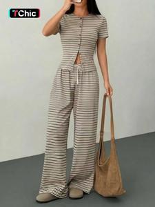 Women's Striped Knitted Short Sleeve Top & Wide Leg Pants Set, Vintage Style, Drawstring Button Design, Casual Fashion