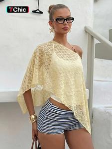 Women's Solid Sheer Knitted Shrug Cape Cropped Top, Boho Casual Top, Plain One Shoulder Asymmetrical Neck Ruffled Hem Loose-fitting Pullover T-shirt, Party Club Date Beach Cover-up, Summer Off-Shoulder Shrugs