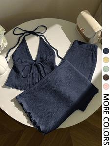 Women's Textured Halter Top & Wide Leg Pants Co-ord Set, Deep V Neck, Front Tie Detail, Elastic Waist, Ruffled Hem, High Stretch Crinkle Knit Fabric, Daily Casual Vacation Beach Date Wear