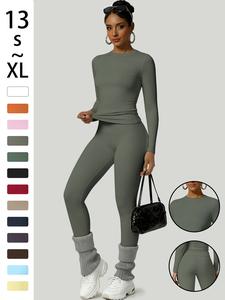 Women's Two-Piece Set Long Sleeve Top and Pants, Comfortable Round Neck T-Shirt + High Waist Slimming Leggings, Fall & Winter Casual Wear