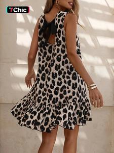 Women's Leopard Print Open Back A-line Dress - Sleeveless Round Neck Summer Party Dress with Ruffled Hem, Machine Washable Elegant Casual Dress, Leopard Print Dress, Vacation Dress, Lightweight Fabric, Trendy Women, Womenswear