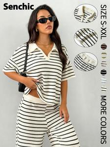Women's Casual Striped Sweatshirt & Wide-Leg Pants Set, Loose-Fitting Long Sleeve Top, All-Season Fashion Two-Piece