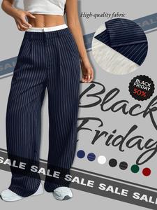 Women's All Over Striped Print Pocket High Waist Wide Leg Pants, Chic Comfy Pants, Casual Fashion Comfy Trousers for Spring & Fall, Women's Bottoms for Daily Wear, Casual Lounge Pants