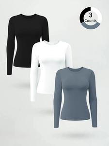 High Elasticity Slim Fit Sporty Yoga Top, Long Sleeve Round Neck Casual Gym Running Shirt, Quick Dry Women's Activewear Athletic Fitted Breathable for Spring & Fall