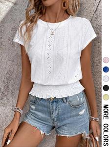 Women's Plain Hollow Out Tee, Casual Short Sleeve Crew Neck T-shirt for Summer, Fashion Women's Top for Daily Wear