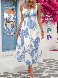 Women's Floral Print Ruched Tie Front Backless A Line Cami Dress, Boho Sleeveless Long Sundress for Beach Holiday Vacation, Ladies Summer Clothes