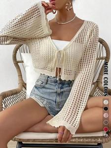 Women's Plain Hollow Out Tie Front Crop Cardigan, Casual Flounce Sleeve V Neck Cover Up Knitwear for Spring & Fall, Summer Outfits 2024, Women's Knit Clothing for Daily Wear