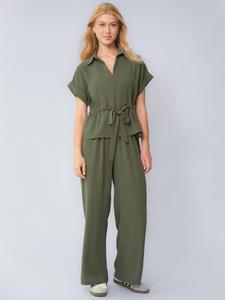 Women's Simple Style Collared Rolled-Up Short Sleeve Top & Wide Leg Trousers Co-ord, Skin-Friendly Waist Tie Two Piece Sets for Spring & Summer