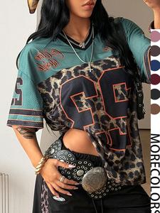 Y2K Retro Style Peregrinate 23 Leopard Print Jersey Top, Loose Fitted V-Neck Sport Tee, Hip-Hop Streetwear for All Seasons, Casual Sports Tops