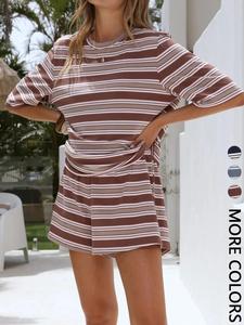 Women's Knit Striped Short Set, Womenswear Crew Neck Elbow Sleeve Top, Elastic Waist Shorts, Daily Casual Vacation Loungewear, Soft Stretchy Breathable, Minimalist Casual Retro Style
