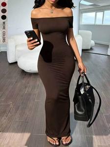 Elegant One-Shoulder Short Sleeve Dress, Bodycon Waist Ruched A-Line Long Skirt, Perfect for Daily Commute, Dates, Street Style, Casual Outing