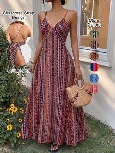 Women's Ethnic Pattern Criss Cross Backless Cami Dress, Dresses Summer, Boho Fashion Frill Long Dress for Beach, Dresses for Women, Ladies Summer Outfits 2024