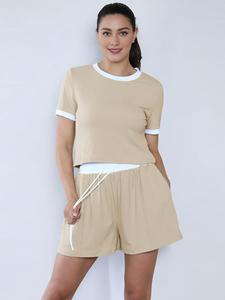 Women's Casual Round Neck Contrast Trim Short Sleeve Top and Drawstring Waist Shorts Set, Summer Two-Piece Comfortable Home Wear