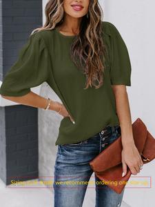 Women's Solid Color Summer Bubble Sleeves Top Short Sleeve Round Neck T-Shirt, Elegant Half Sleeve Fitted Shirt for All Seasons