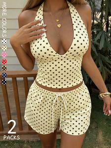 2 Pack Women's Polka Dot Halter Top and Shorts Outfits, Boho Summer Outfits, Deep V Neck Sleeveless Crop Top with Drawstring Waist Shorts, Casual Streetwear Sets for Beach, Vacation and Daily Wear