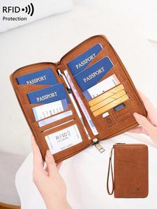 Large family passport holder, RFID blocking passport bag, can hold 5 passports, travel ticket card document storage bag, zipper long passport wallet, detachable wristband, Valentine's Day gift, for wife's girlfriend