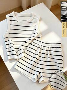 Striped Sleeveless Tank Top and Shorts Set, Casual Lazy Wear, Home Relax, Daily, Short Trip, Light Vacation