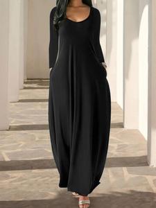 Women's Solid Color Pocket Lounge Dress, Casual Comfy Long Sleeve Dress for Daily Wear, Ladies Sleepwear for All Seasons