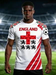 2026 New Summer England Flag Three Lions Football Theme Print Breathable Mesh Short Sleeve Jersey, Casual Fitted Long Shirt, Sports Wear