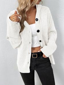 Women's Knitted Hooded Button Front Cardigan, Simple Solid Color Long Sleeve Top, Loose Fit Casual Knit Sweater for Women
