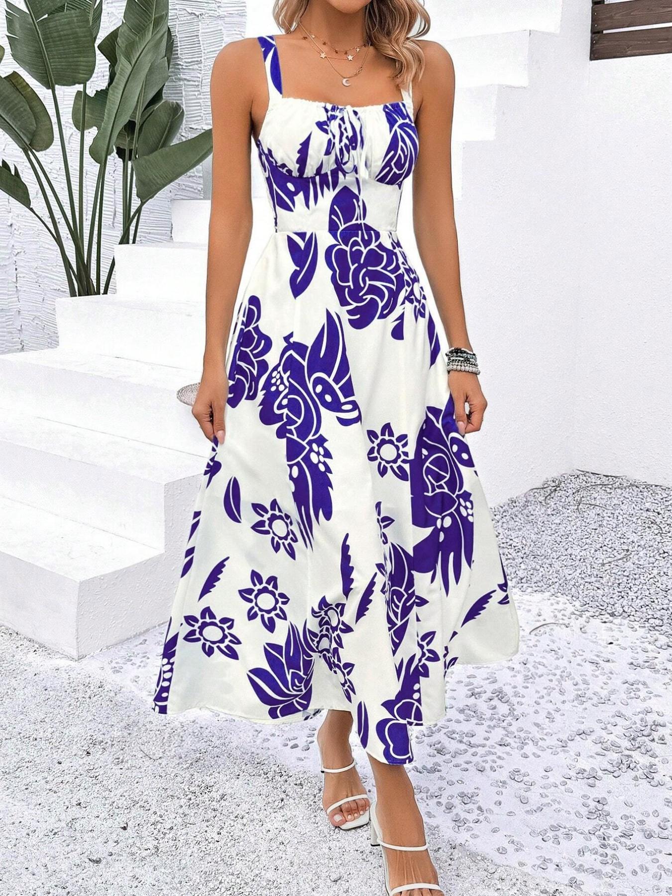 Elegant Women's Floral Print Wide Strap Dress, Backless Ruched Design, Sleeveless Long Casual Dress for Vacation, Casual Wear