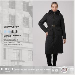 PUFFIT WarmCore Premium Long Dimond Quilted Puffer With Adjustable Belt,Lightweight Diamond Pattern,Warm and Elegant,Adjustable Waist,Effortless Style,Versatile Elegance for Commuting,Spring