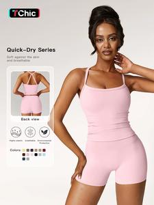 Two Pieces Women's Solid Backless Cami Top & High Waist Shorts Tracksuit Set,  Boomtown Outfits, Sleeveless Spaghetti Strap Crop Top & Skinny Shorts, Ladies Sportswear for Indoor Outdoor Wear, Summer Outfits 2024, Back to School Clothes