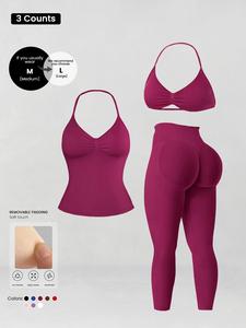 Women's Halter Top + Sports Bra + High Waist Tight Pants 3 Piece Set, Detachable Pads, Butt Lifting, Abdominal Support, Yoga Fitness Daily Wear, Leggings Tracksuit Set